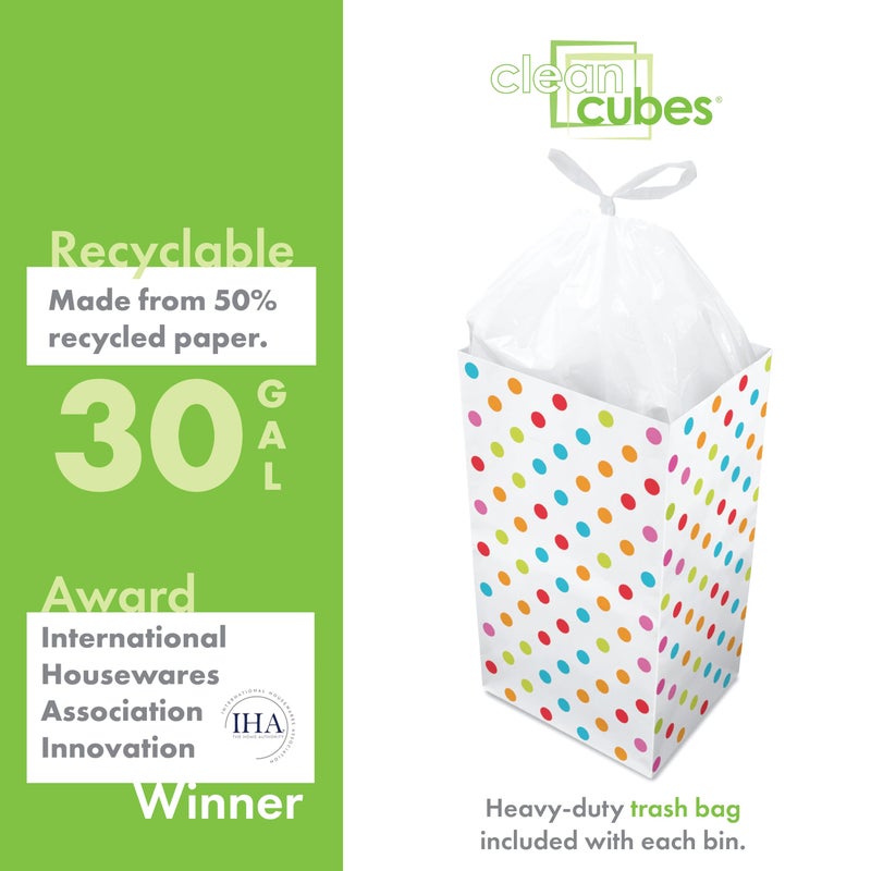 Clean Cubes 30 Gallon Disposable Pop-Up Trash Cans (3-Pack) with Fitted Bags â€“ Foldable Garbage & Recycling Bins for Parties, Events & Kitchen (Polka Dot, 30" H x 14" W x 17" D) - Image 4